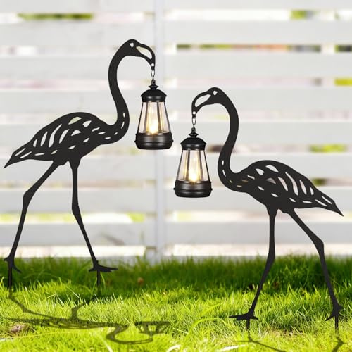 nawaza Flamingo Metal Garden Stakes Decorative 2Pack,Solar Lights Outdoor Garden Decor Stake,Birthday Gifts for Mom Women,Decorative Metal Housewarming Ornament for Lawn Patio Yard Pathway Black.
