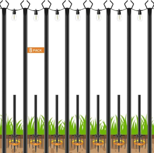 Paquete de 8 postes de luz de metal resistente para exteriores de 9.8 pies con estaca de tierra y ganchos de horquilla, para colgar luces en patio, pérgola, jardín, patio trasero, campamento