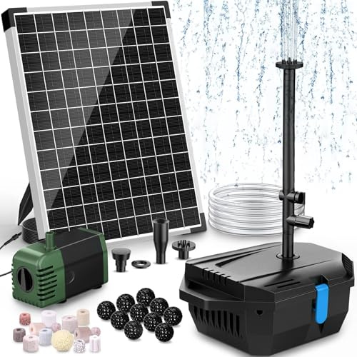 POPOSOAP 20W Solar Pond Filter & Fountain Pump Kit for Outdoor Ponds | 1050 L/h Solar Powered Pond Filtration System with 4 Nozzles & 2m Tubing, Ultra-Quiet for Garden Water Features