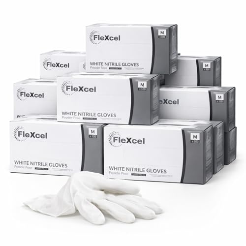FleXcel White Nitrile Gloves (10 Boxes of 100) Size Medium - Multipurpose Powder Free, Latex Free, Medical Grade, Food Safe Examination Gloves - AQL 1.5