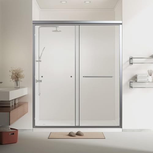56 to 60 W x 72 H Semi-Frameless Double Sliding Shower Door, 1/4 (6mm) Thick Tempered Glass, Chrome Finish, Modern Bypass Shower Enclosure for Bathroom