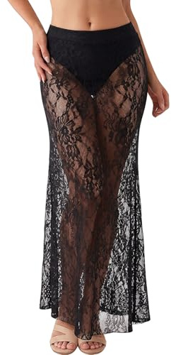 Aunribor Gonna Donna Lunga in Pizzo a Vita Alta Pizzo Elegante Trasparente Ricami Floreali Cintura Elastica Gonna Lunga Casual Spiaggia Vacanze Estive Senza Fodera
