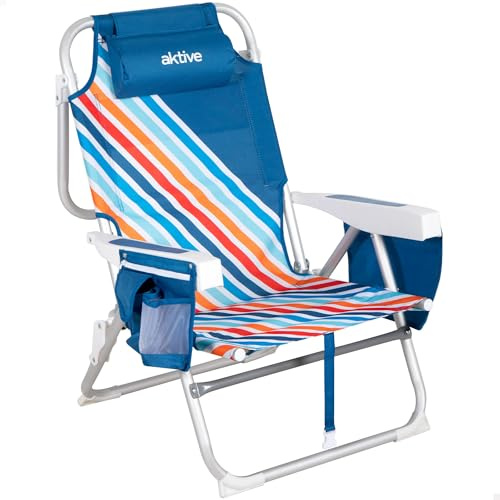 AKTIVE Silla de Playa Plegable con Mochila, 50x55x80 cm, Multiposición, Silla antivuelco, con 4 Posiciones, Silla con Bolsillos, Estructura Resistente, hasta 110 kg (62537)