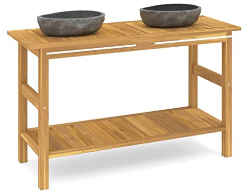 HETFTJN Doppio lavabo in legno di teak massiccio con 2 lavandini in pietra di fiume, set di mobili da bagno da 132 cm con portasciugamani, mobiletto sottolavabo rustico per il bagno