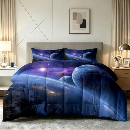 Generiskt täcke 155 x 220 cm 4 årstider – 3D rymden sommar täcke, tvättbar barnfilt utan överdrag – universum jord måne – barnsängkläder med 2 örngott