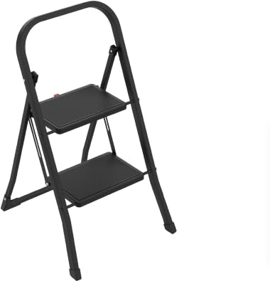Amig Klappleiter 2 Stufen Schwarz Stahl 82x52x42 cm | Lasche für einfaches Zusammenklappen. Rutschfesten Stufen. Erleichtert den Zugang zu höher gelegenen Bereichen.