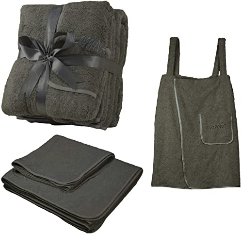 Set di 3 pezzi per sauna, in spugna, kilt, asciugamano per sauna, asciugamani piccolo, 100% cotone, grigio scuro, Da donna