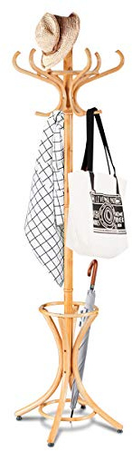 COSTWAY Klädhängare med paraplyställ, 184 cm, jackställ med 12 krokar, klädställ av trä, garderob, stående garderob för hall, vardagsrum och sovrum (natur)