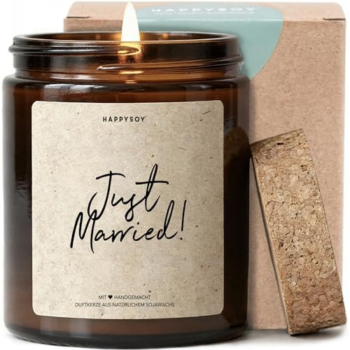 Just Married - Duftkerze mit Spruch als Geschenk zur Hochzeit, liebevolle Geschenkidee für Brautpaar, blumiger Duft, Kerze im Glas