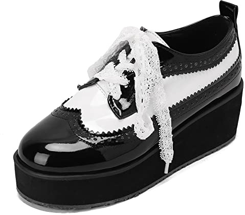 Lizoleor Richelieu Femme Compensées Plateforme Bout Fermé Lacets Oxford Mode De Bureau Décontractée Classique Vernis Noir&Blanc Taille 37 EU/38CN