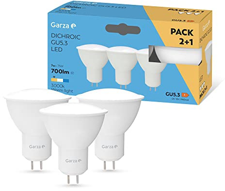 Garza - Pack 2+1 Bombillas Led, Casquillo GU5.3, Luz Neutra 3000K, 7W, 700 Lúmenes, No Regulable