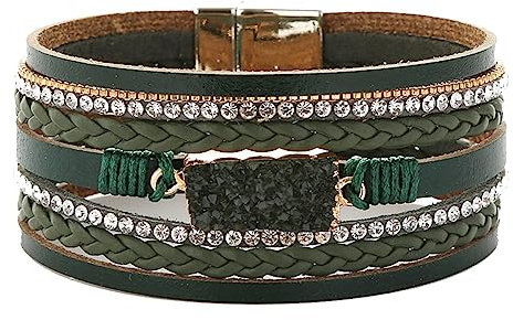 HESHS Boho Wickelarmbänder Handgewebt Leder Manschettenarmreif Mehrschichtig Eingelegte Strasssteine Armband Für Frauen Mädchen Charm Druckknopf Armbänder Schmuck Armreif Geschenk,Grün