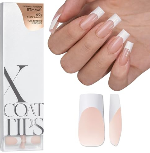 BTArtbox Long Square Gel Nail Tips French Press On Nails Soft Gel Full Cover Nageltips, French XCOATTIPS French fake nails mit Pre-applied Tip Primer & Base Coat Cover, Nude