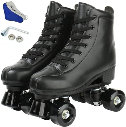 jessie PU Leather Roller Skates Roller Skates for Women Outdoor and Indoor Adjustable Four-Wheel Premium Roller Skates for Women Men Boys and Girls (Black Wheel,Women's 6/ Youth 5)