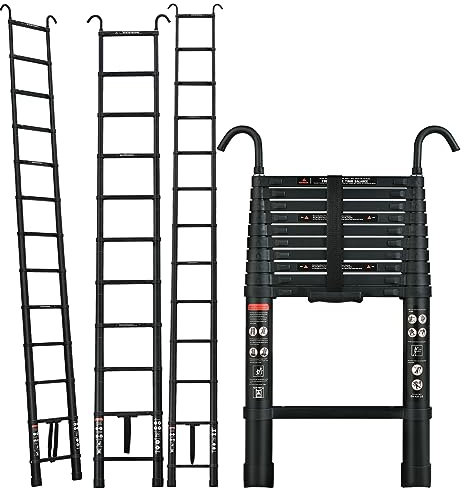 5M/16.4FT Telescopic Ladder Loft Ladder with 2 Hooks, Aluminium Extension Foldable Ladder Multi Purpose Ladder with Adjustable Height, Non-Slip Feet for Household, Max Load 150kg/330lb, Black