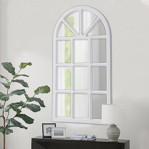 Sintosin Espejo rústico arqueado para ventana de 24 x 36 pulgadas, espejos de ventana blancos envejecidos para decoración de pared, espejo de pared de madera estilo catedral de granja para sala de