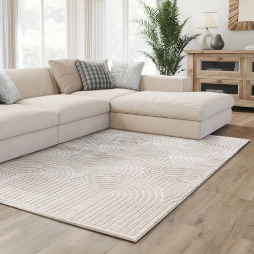 Interiyou Tappeto salotto pelo corto Cannes - 240x340 cm Crema - Stile boho scandinavo con effetto 3D alto-basso - Piatto con motivo geometrico