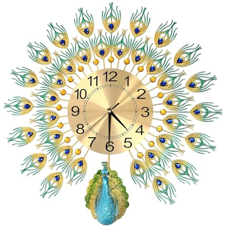 TESUGN 3D Moderne Wanduhr Pfau Wanduhren, Mute DIY Bunt Pfau Wanduhr Wandhängende 3D Metall Uhr Luxus Bunt Wohnkultur Europäische Pfauen Wand Uhr 60cm
