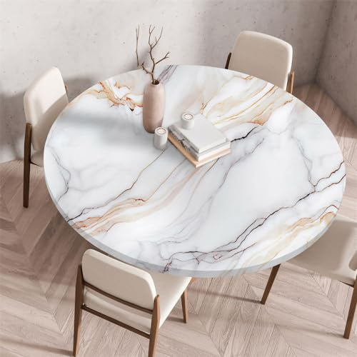 FANSU Marmor Tischdecke Rund Outdoor Abwaschbar,für Draußen Gartentischdecke Rund Elastisch Schmutzabweisend für Garten Küche, Esstisch, Parteien (110cm,Grauer Kaffee)