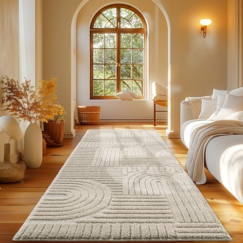 Carpetsale24 Tapis Coureur 80x250 cm Beige à Poils Longs Design bohème scandinave Effet Relief Shaggy Doux Moelleux Robuste Facile à Nettoyer Moderne pour Chambre, Couloir