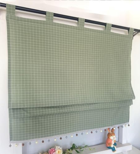 Vordesack Blickdichter Raffrollo mit Karo-Muster Landhausstil Gardinen mit Quasten-Kante Raffgardine mit Schlaufen Wohnzimmer Gardinenschal Küche 1 Stück Grün HxB 140x120cm