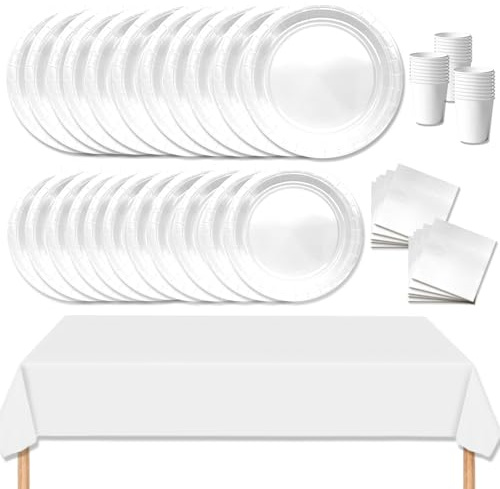 MORAINJAY 69 Stück Partygeschirr Set,Weiß Papiergeschirr Set,Geburtstag Party Geschirr Set mit Tischdecke Pappteller Servietten Becher,für Hochzeiten,Weihnachten Geburtstagsparty Deko-16 Gäste