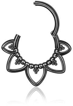 Lantine 16G 8mm Black Lotus Septum Ring Lotus Flower Daith Piercing Jewellery Stainless Steel Helix Tragus Cartilage Hinged Hoop for Women Men