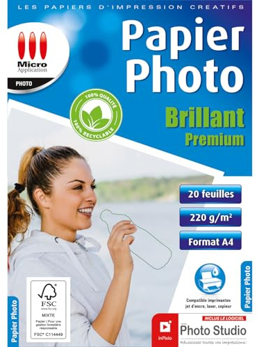 Micro Application - Papier Photo Brillant Premium - 220 g/m² - 20 feuilles - Format A4-100% recyclable - Sans polyéthylène - Emballage Zéro plastique