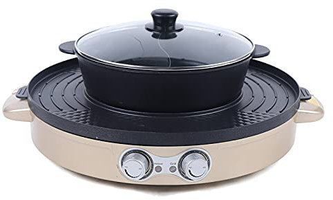 Hornillo de doble separación, 2200 W, estufa de parrilla antiadherente para cocinar una variedad de alimentos al mismo tiempo, adecuada para familias, restaurantes, fiestas (dorado)