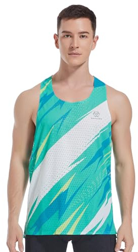 Sanken Men's Seamless Running Tank Tops Ultra Lightweight Marathon Singlets Breathable Race Vests Quick Dry Sleeveless Shirt (US, Alpha, Large, Regular, Regular, Green&White)