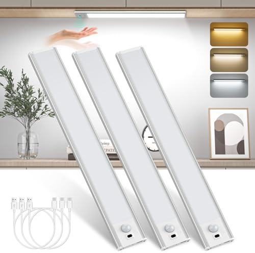 Ledronix Under Cabinet Kitchen Lights, Hand Wave Activated, 30cm Cabinet Lights 3 Pack, 2200mAh USB-C Rechargeable, 3 Colors Dimmable Cupboard Light, Reading, Cabinet, Wardrobe