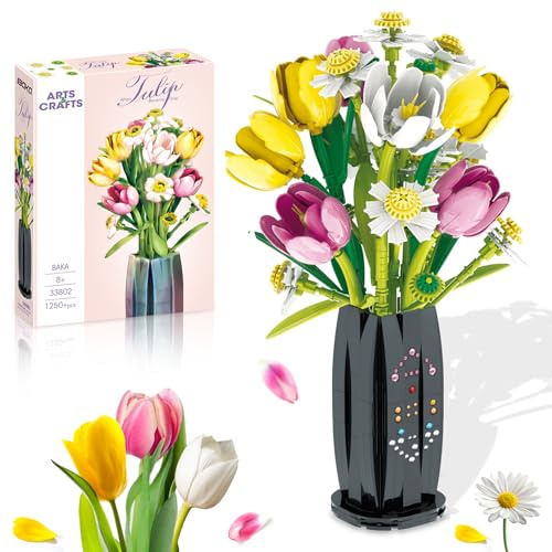 Klemmbausteine Blumen Pflanzen Bausteine Blume Blumenstrauß Set Deko Flower Bausatz DIY Bouquet Building Bauklötze Spielzeugblumen Bausteinen Bricks Erwachsene Kreative Geschenke Tulpen, mit Vase