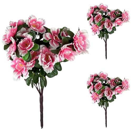 Odoukey Faux Flowers Outdoor, 3PCS Outdoor Artificial Flowers UV Resistant Realistic Azalea Faux 15.8 Inch Height Easy Care for Front Door Porch Decor