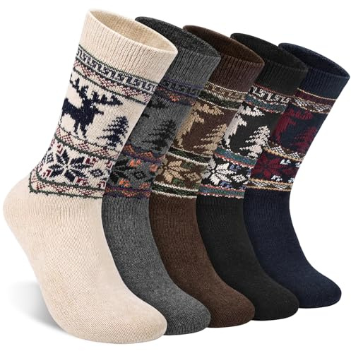 Beaulov 5 Paar Herren Wollsocken Warme Wintersocken Vintage Stil Weiche Wollsocken Atmungsaktive Dicke Warme Wadensocken für Winter