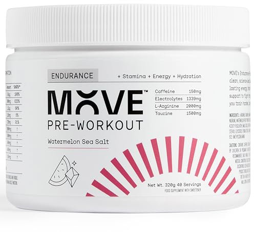 MOVE Pre-Workout Powder Endurance Formula for Men & Women, Beta Alanine Free Preworkout with Electrolytes, Taurine, & L-Arginine. 30 Servings, Informed Sport Certified (320g, Watermelon & Sea Salt)
