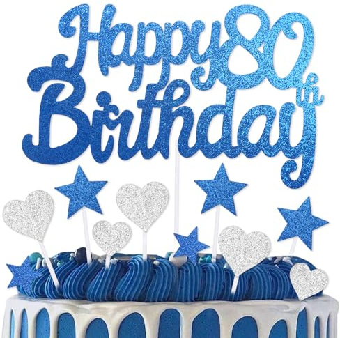 mciskin 80th Birthday Cake Topper,80th Birthday Decorations for Men Women,Royal Blue Cake Decorations,Personalised Cupcake Toppers with Heart Star for Girl Boy Women Men Birthday Party Supplies