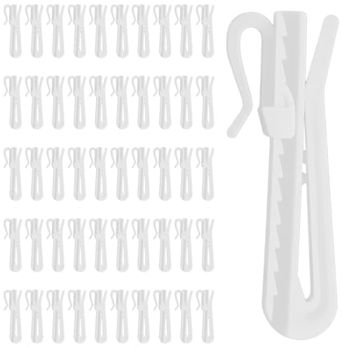 XLIUAX 50 Pcs Plastic Curtain Hooks, Pinch Pleat Curtain Hooks Curtains Hook for Drapes Drapery Hook Adjustable Shower Curtains With Ratchet for Window Door 70MM Length for Repair Replacement Fixing