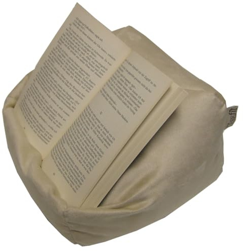 LESEfit soft Buchkissen Lesekissen – frei formbarer Buchhalter für Bett - Handgefertigt aus Antirutsch Wildlederimitat & Mikroperlen – weich waschbar drehbar – sand beige