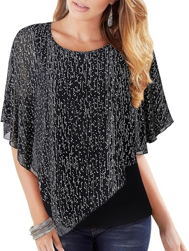 Lotusmile Blouses for Women Dressy Casual Poncho Chiffon Flowy Summer Tops | Shiny Glitter Overlay Chiffon Blouse, Relaxed Loose Fit Cut, Fancy Dressy Style for Night Out Cocktail And formal Dinners