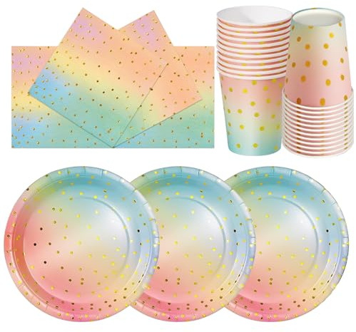PYAILI Oro Arcobaleno Feste 72 Pezzi Festa della Addobbi Ragazza Compleanno Dambini Articoli Feste Set Include Piatto Usa e Getta Carta Party Tazze Tovaglioli-24 Ospiti