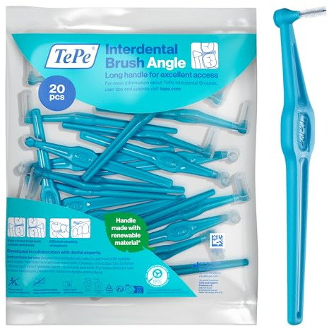 TePe Angle Vinklad Mellanrumsborste, Blå, 0.6mm/ISO 3, 20-pack, effektiv rengöring mellan tänderna, för bakre tänder, ta bort plack, för medelstora mellanrum, där en vanlig tandborste inte kommer åt