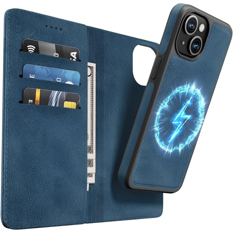OASISBLUE Handyhülle für iPhone 14 Hülle, [2-in-1 Magnetisch Abnehmbar] Kabelloses Laden Kompatibel Stoßfest Schutzhülle PU Leder Klapphülle - blau