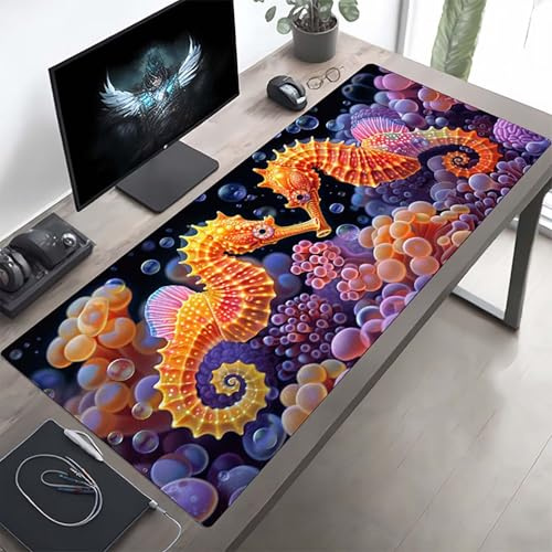Gaming Mauspad 1200x600x3mm Gaming Mousepad XXL Schwarz Seepferdchen Mauspad Schreibtischauflage, Genähte Kanten Mausmat, rutschfeste Gummibasis, Schreibtisch Schutz für Büro, Geschenke PjY8948 M-5