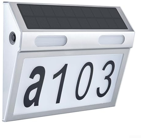 Filteilect Luz solar con número de casa con iluminación LED para uso en exteriores, clasificación IP65 impermeable, construcción de acero inoxidable y PC, tamaño 190 x 153 mm