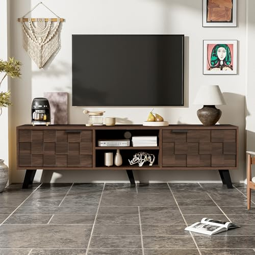 Merax TV-Schrank 160,5x35,5x45 cm, Lowboard mit 2 Türen, 2 offenen Fächern, modernes TV-Möbel mit großem Stauraum für Wohnzimmer, dunkle Holzfarbe