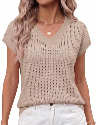 Gyabnw Women's Crochet Knit Top Cap Sleeve Loose Fit Summer Casual Wear | Crochet knit texture, V neck, cap sleeves, hollow out mesh design, for summer days and casual outfits