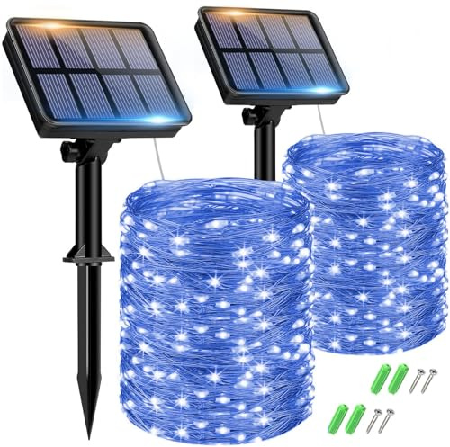 btfarm 2 Piezas Guirnaldas Luces Exterior Solar, 15M 150LED Guirnalda Solar | 8 Modos Luces Solares LED Exterior Jardin, Luz Navidad Exteriors Solares Decoracion para Terraza, Fiestas (Azul)