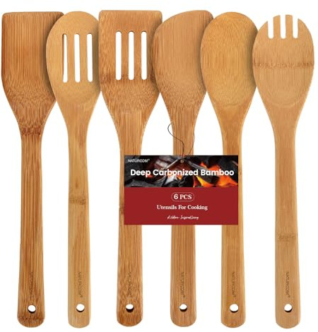 Naturoom Dark Brown Bamboo Cooking Utensils Set, 6-Piece Deep Carbonized Wooden Spoons for Cooking, 12 Inch Heat-Resistant Bamboo Kitchen Utensils, Safe for Nonstick Cookware (6PCS-DB)