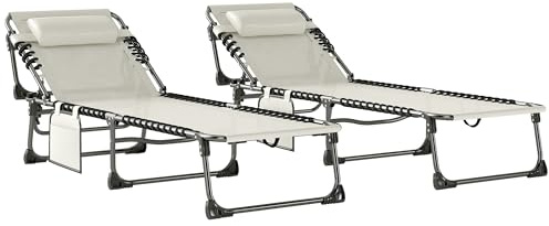 Outsunny Set de 2 Tumbonas Jardín Exterior, Tumbonas Plegables con Reposacabezas y Bolsillo Lateral, Respaldo Reclinable 5 Posiciones y Asiento de Malla Transpirable para Playa, Piscina, Blanco Crema
