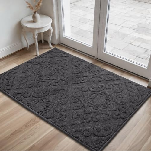 COSY HOMEER Fußmatte Innen 90 x 150 cm, Schmutzfangmatte Dunkelgrau | Dezentes florales Reliefmuster, waschbar und rutschfest, saugfähiges Polyester, für Flur und Haustür